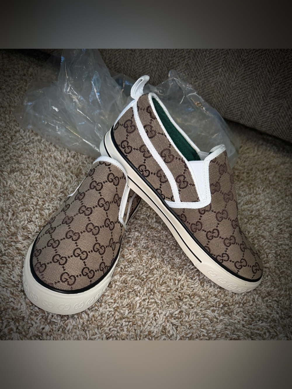 Gucci Beige Brown Monogram Slip-On Mules-NEW!! Size 8.5